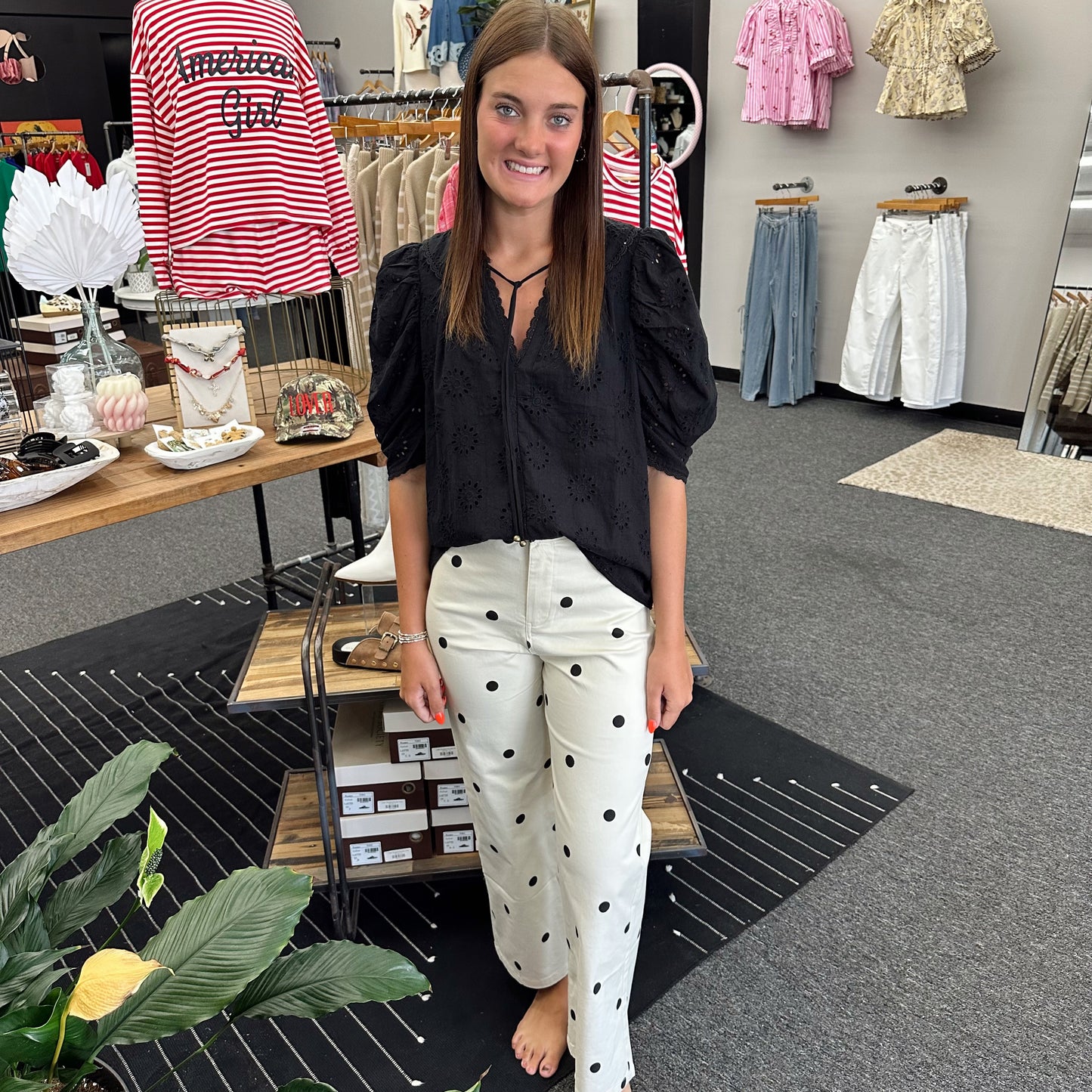 Polka Dot Stretch Denim Pant