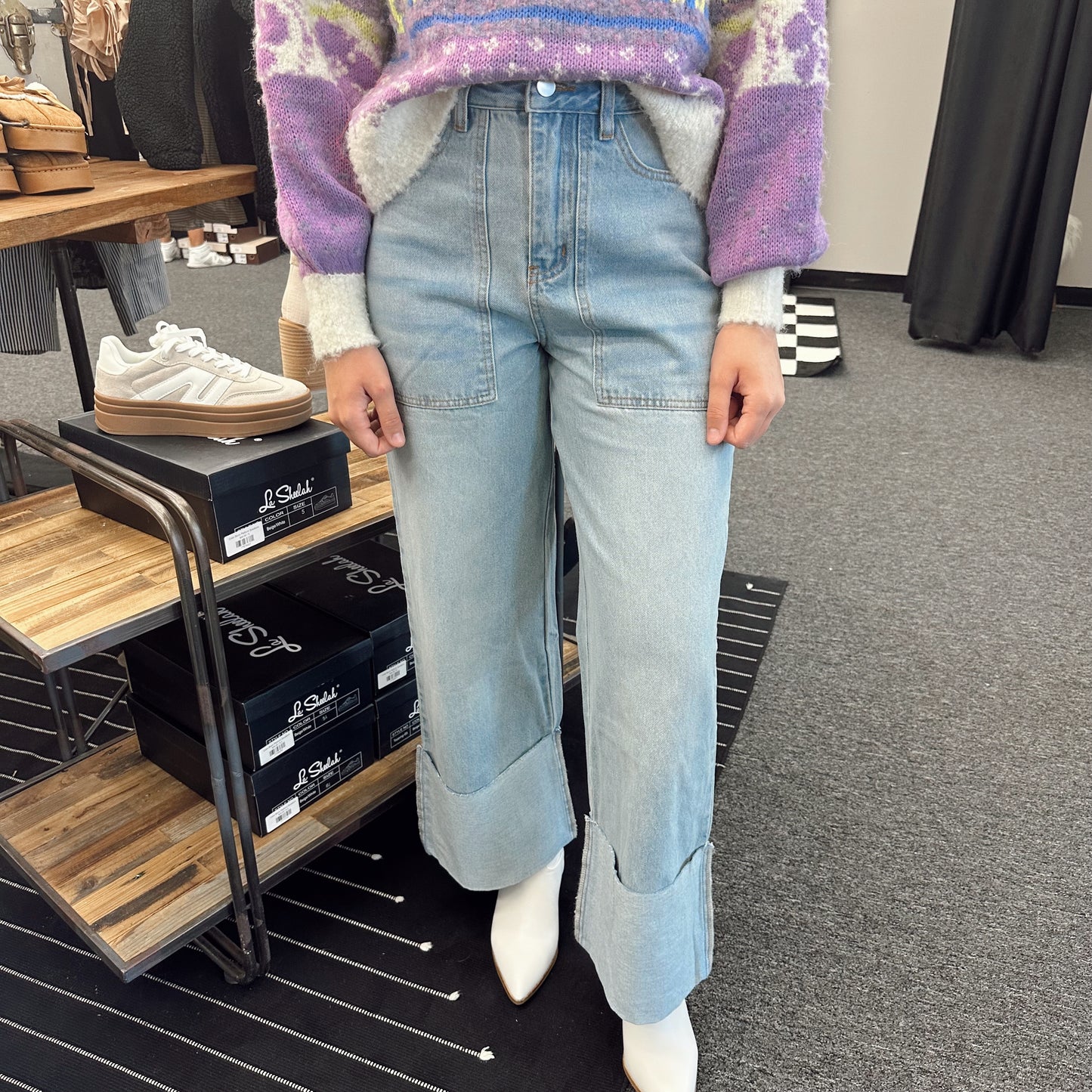 High Waisted Wide Leg Cuffed Jeans