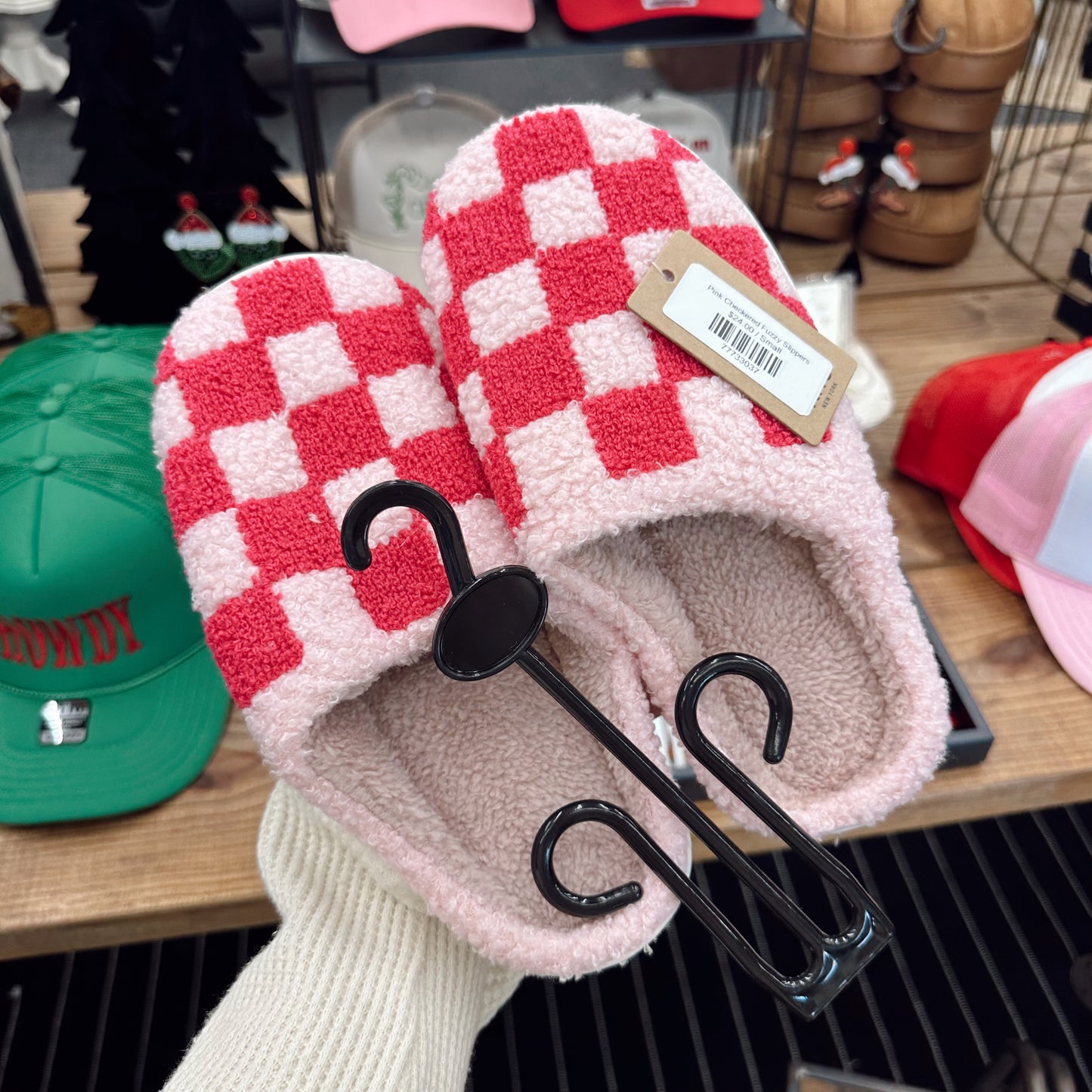 Pink Checkered Fuzzy Slippers