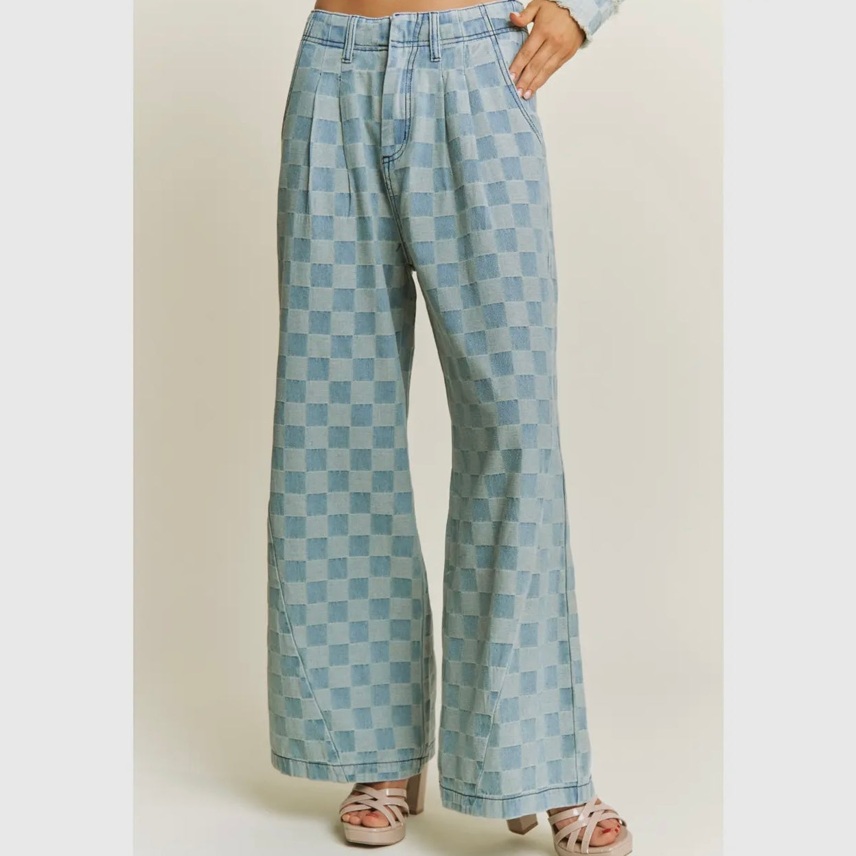 Denim Washed Checkered Wide Leg Pants