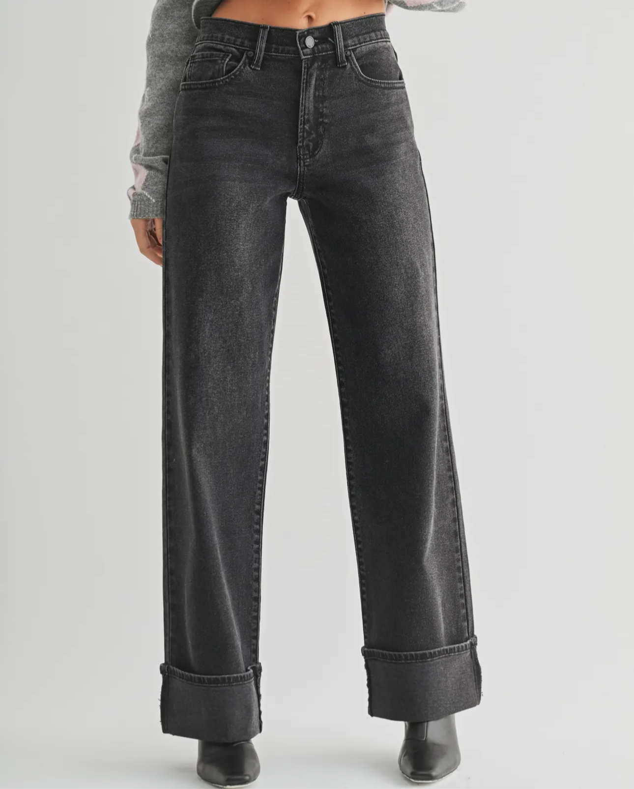 JBD Black Cuffed Wide Leg Jean