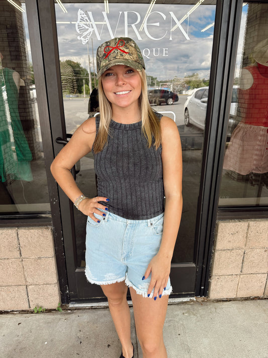 Elastic High Waist Distressed Denim Shorts