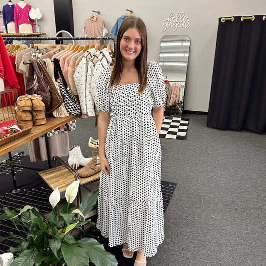 Pleated Polka Dot Maxi Dress