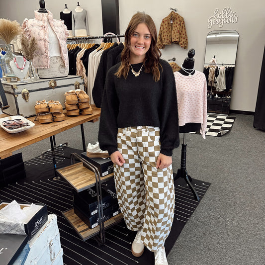 Checkered Printed Barrel Denim Pant