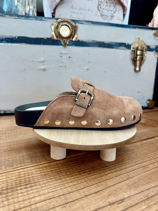 Latte Studded Buckle Clog