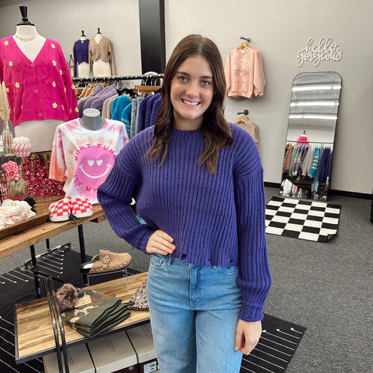 Wisteria Distressed Hem Ribbed Sweater