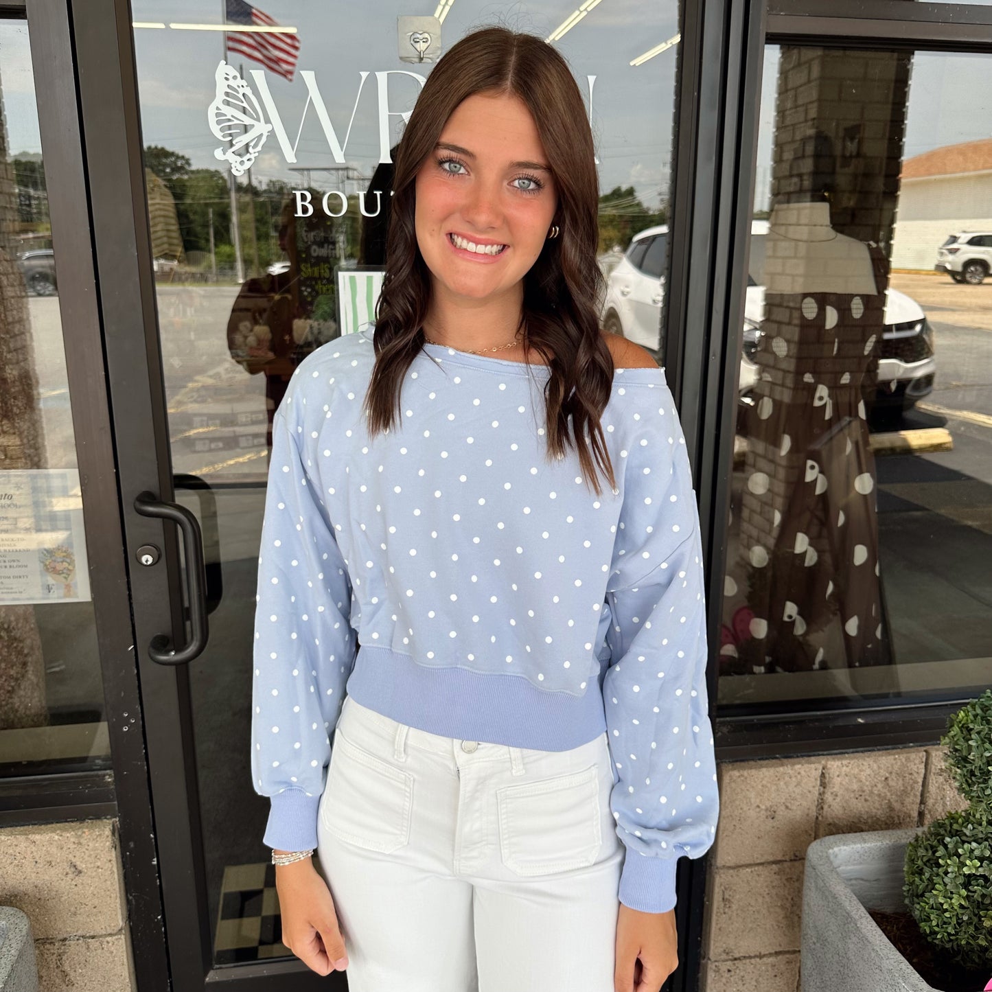 Polka Dot Off-The-Shoulder Sweatshirt