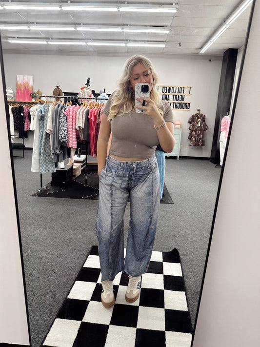 Illusion Faux-Denim Like Printed Barrel Pants