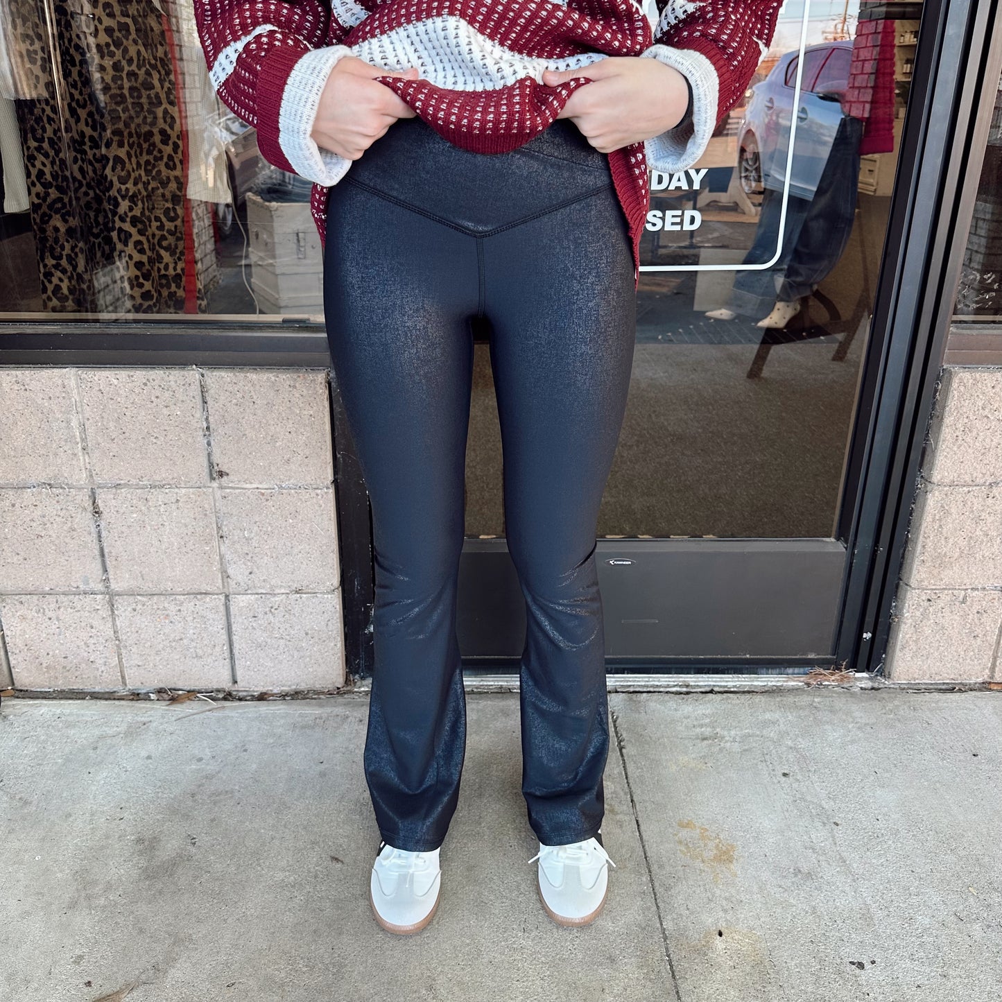 Leather Look Crossover Flared Leggings