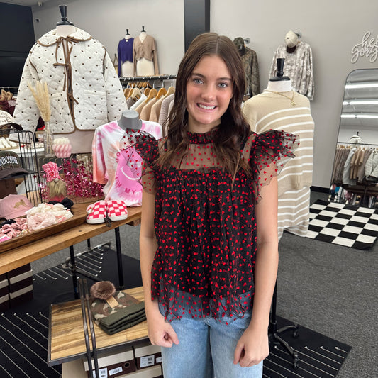 Be My Valentine Heart Printed Mesh Top