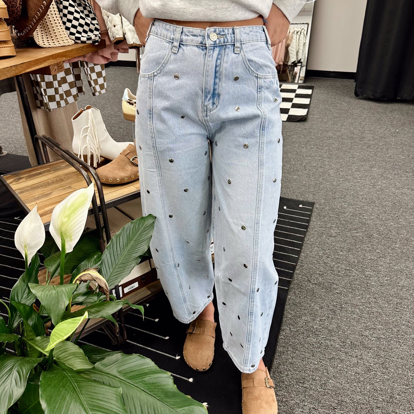Studded Barrel Denim Pant