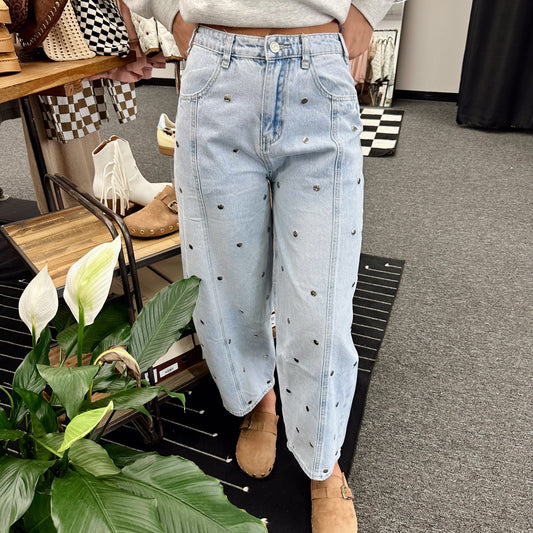 Studded Barrel Denim Pant