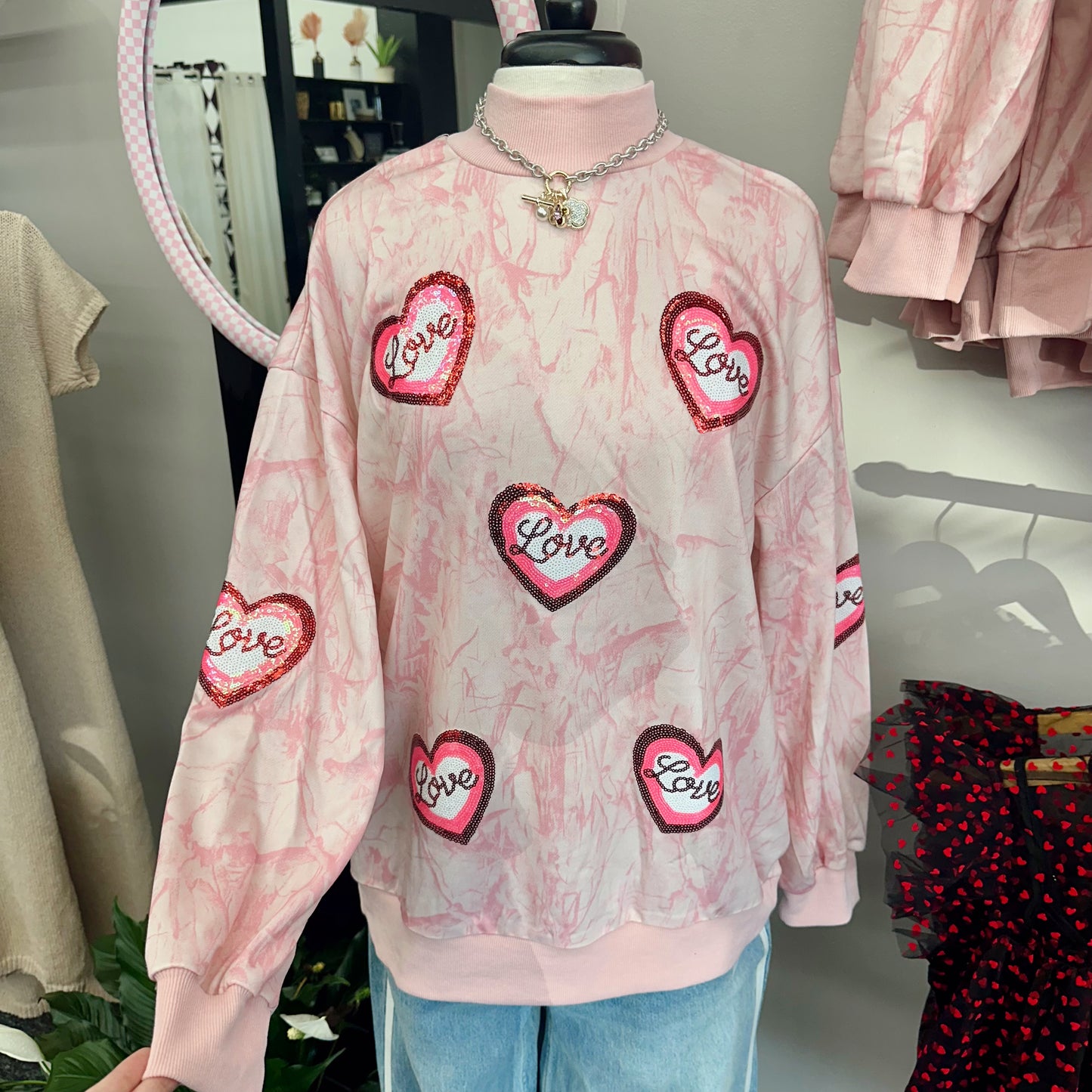 LOVE Camo Sequin Patch Mockneck Sweatshirt