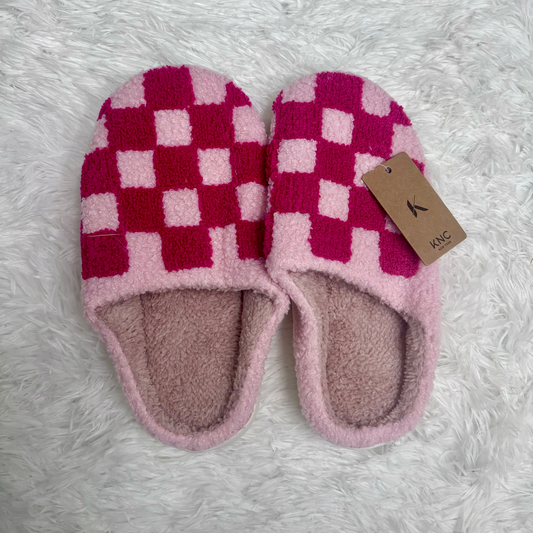 Pink Checkered Fuzzy Slippers